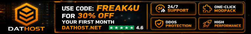 DatHost — use code FREAK4U for 30% off your first month of Minecraft server hosting. 24/7 support, one-click modpack, DDoS protection, high performance.